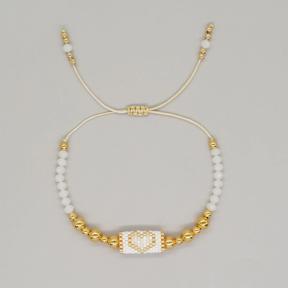 Wholesale Crystal Beads Golden Copper Rice Beads Handwoven Black White Peach Heart Cylinder Bracelet