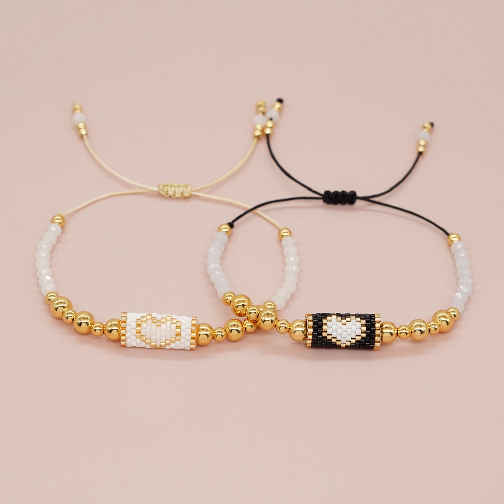 Wholesale Crystal Beads Golden Copper Rice Beads Handwoven Black White Peach Heart Cylinder Bracelet