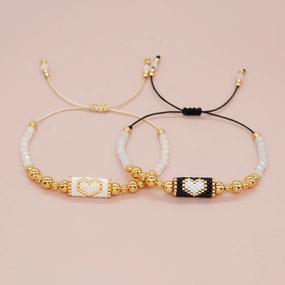 Wholesale Crystal Beads Golden Copper Rice Beads Handwoven Black White Peach Heart Cylinder Bracelet