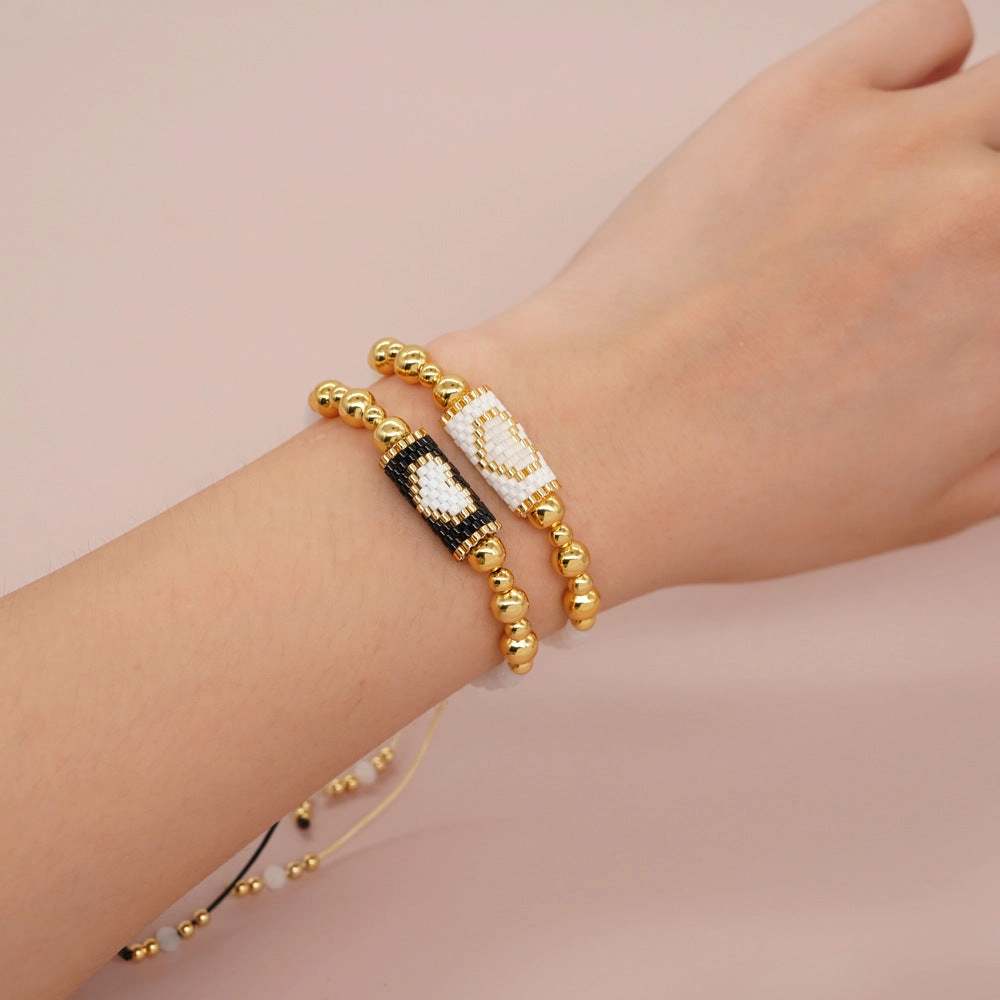 Wholesale Crystal Beads Golden Copper Rice Beads Handwoven Black White Peach Heart Cylinder Bracelet