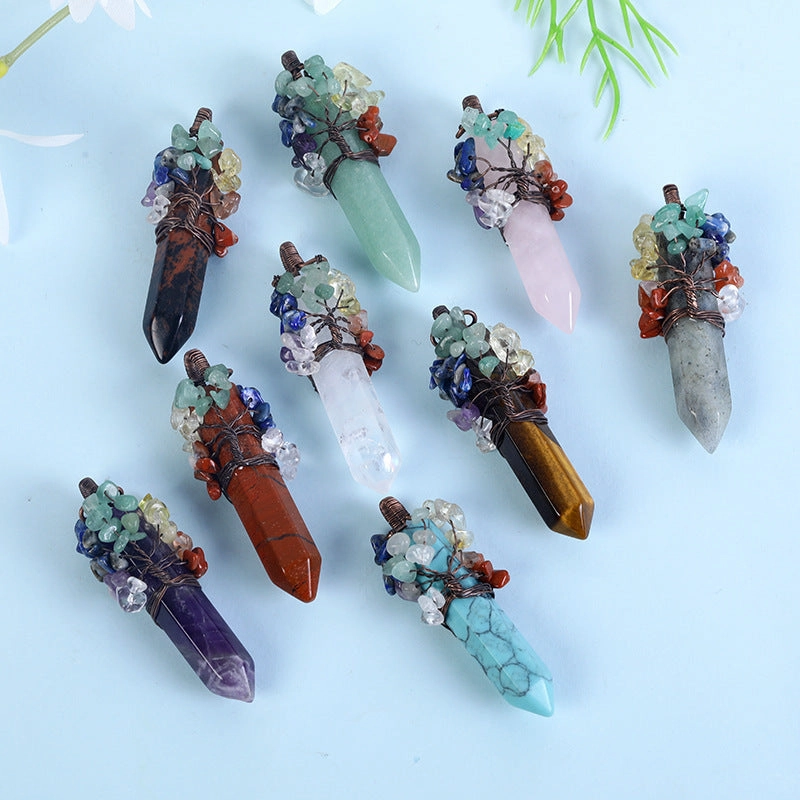 Wholesale Crystal Raw Stone Hexagonal Column Wrapped Copper Wire Tree of Life Colorful Gravel Pendant Necklaces