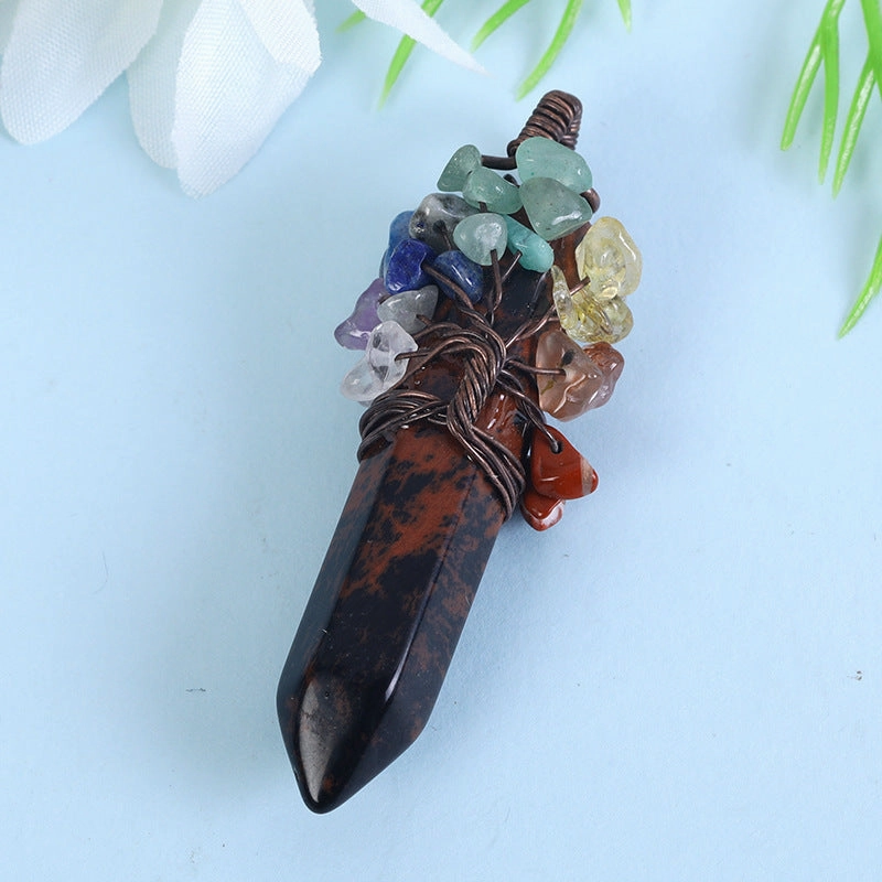 Wholesale Crystal Raw Stone Hexagonal Column Wrapped Copper Wire Tree of Life Colorful Gravel Pendant Necklaces