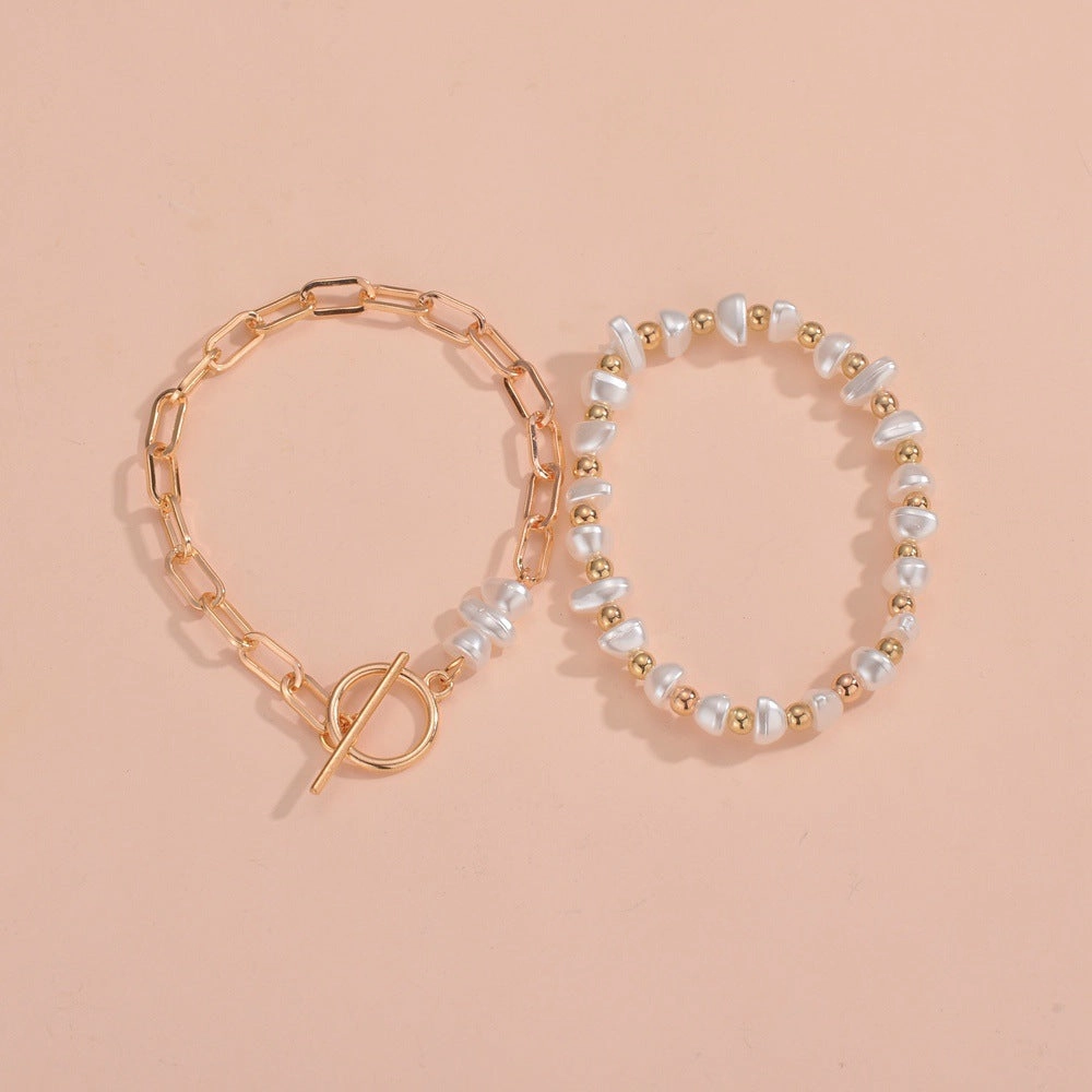 Wholesale Cute Shaped Pearls Mixed Gold Beads OT Buckle Adjustable 2-Piece Bracelet
