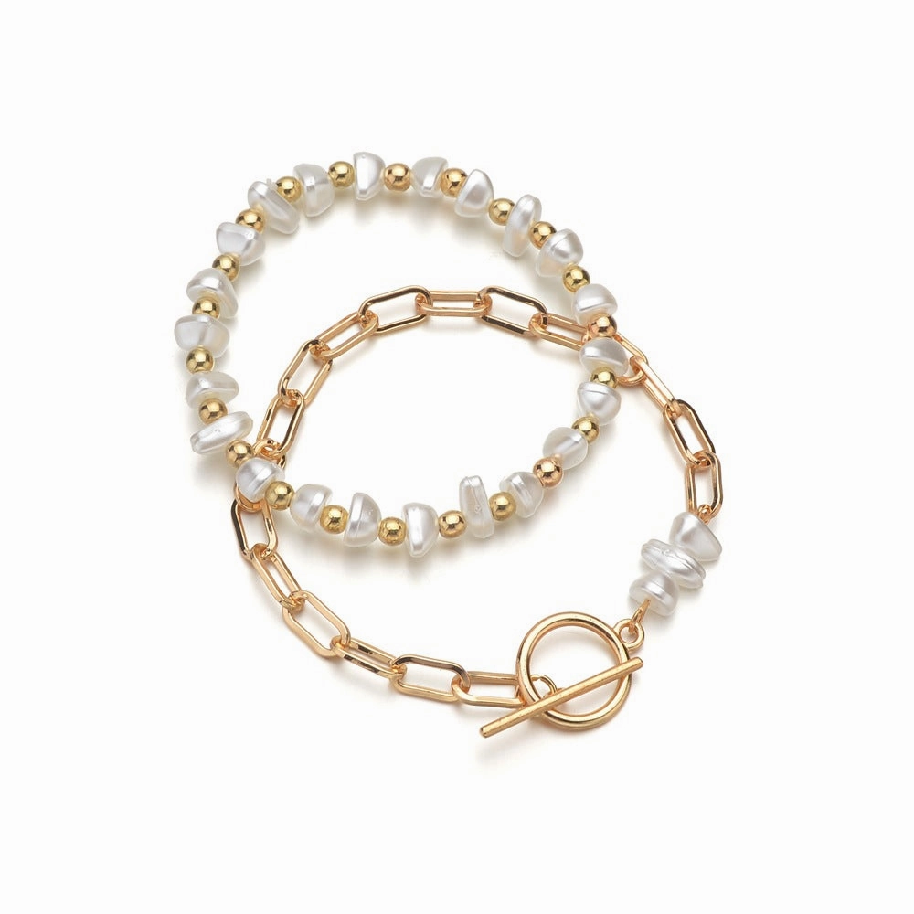 Wholesale Cute Shaped Pearls Mixed Gold Beads OT Buckle Adjustable 2-Piece Bracelet