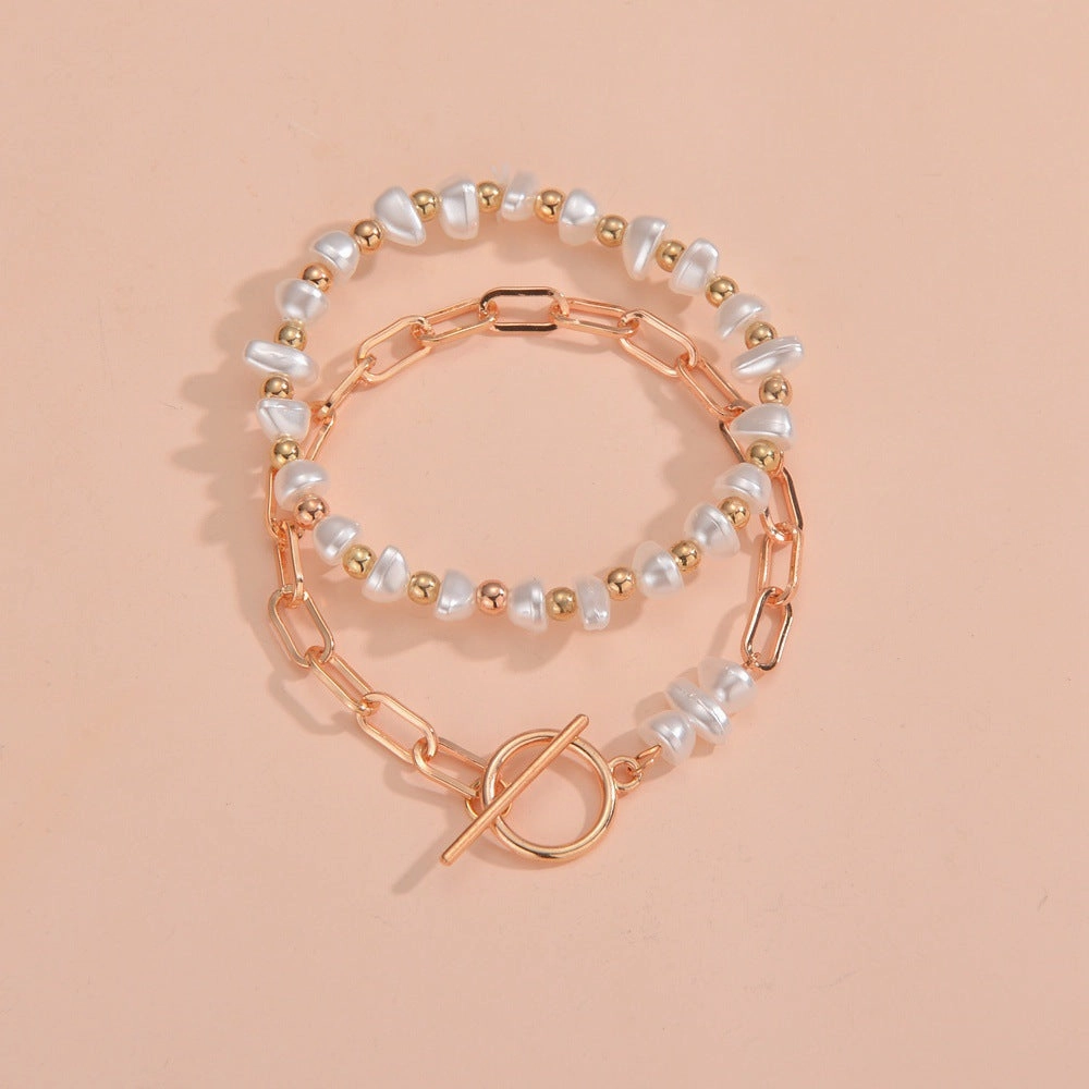 Wholesale Cute Shaped Pearls Mixed Gold Beads OT Buckle Adjustable 2-Piece Bracelet