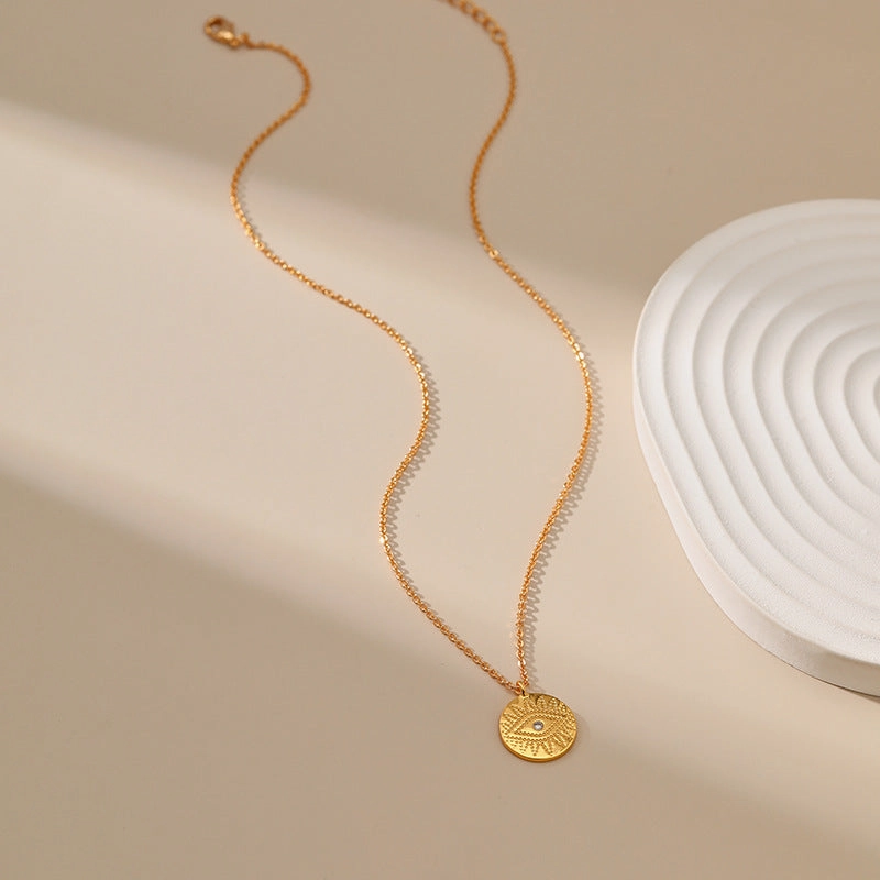Wholesale Devil's Eye Copper Plated 18K Real Gold Retro Disc Necklace Clavicle Chain