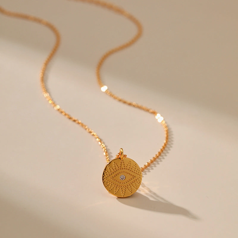 Wholesale Devil's Eye Copper Plated 18K Real Gold Retro Disc Necklace Clavicle Chain