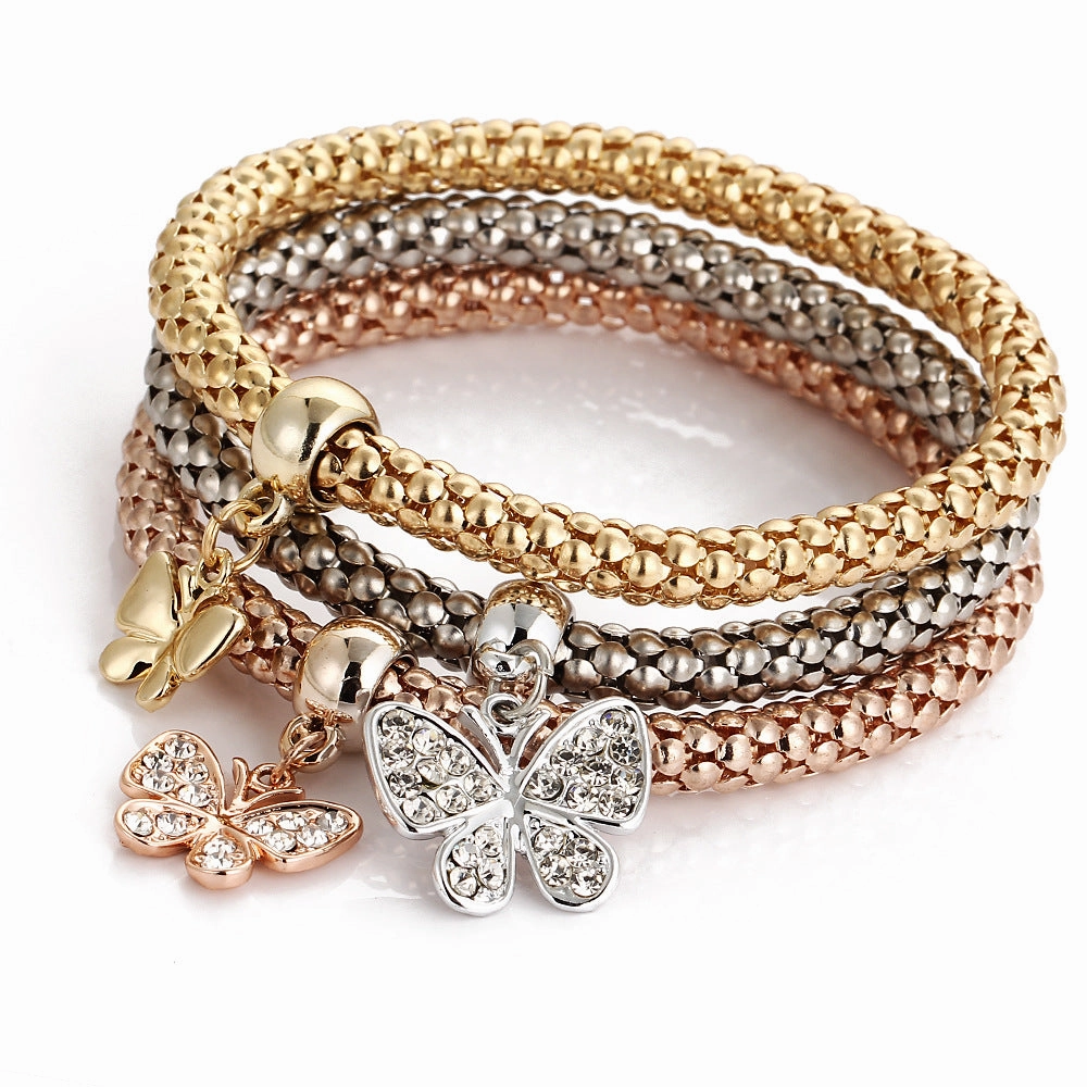 Wholesale Diamond Butterfly Bracelet Alloy Three Color Set