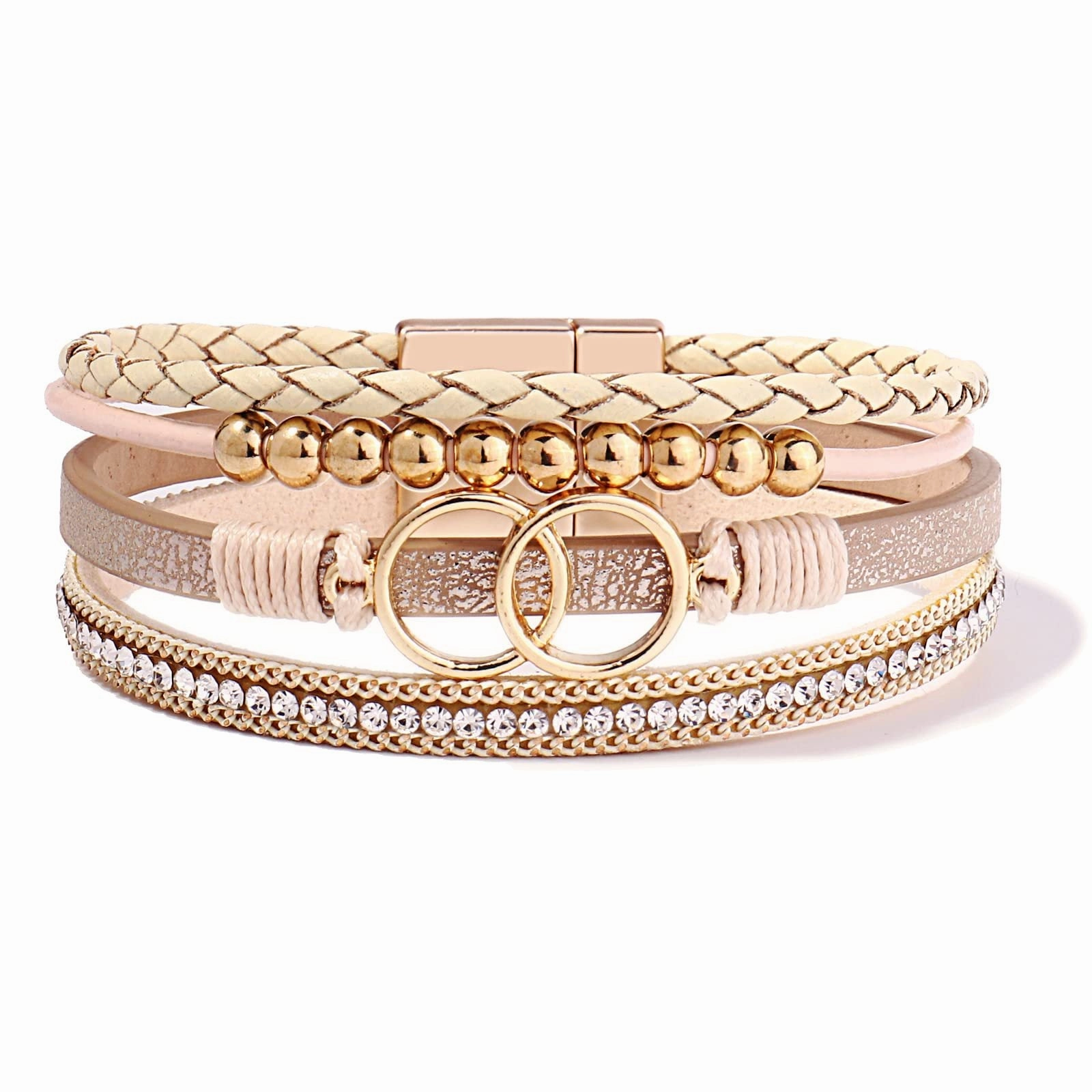 Wholesale Diamond Four Layer Braided Leather Bohemian Bracelet