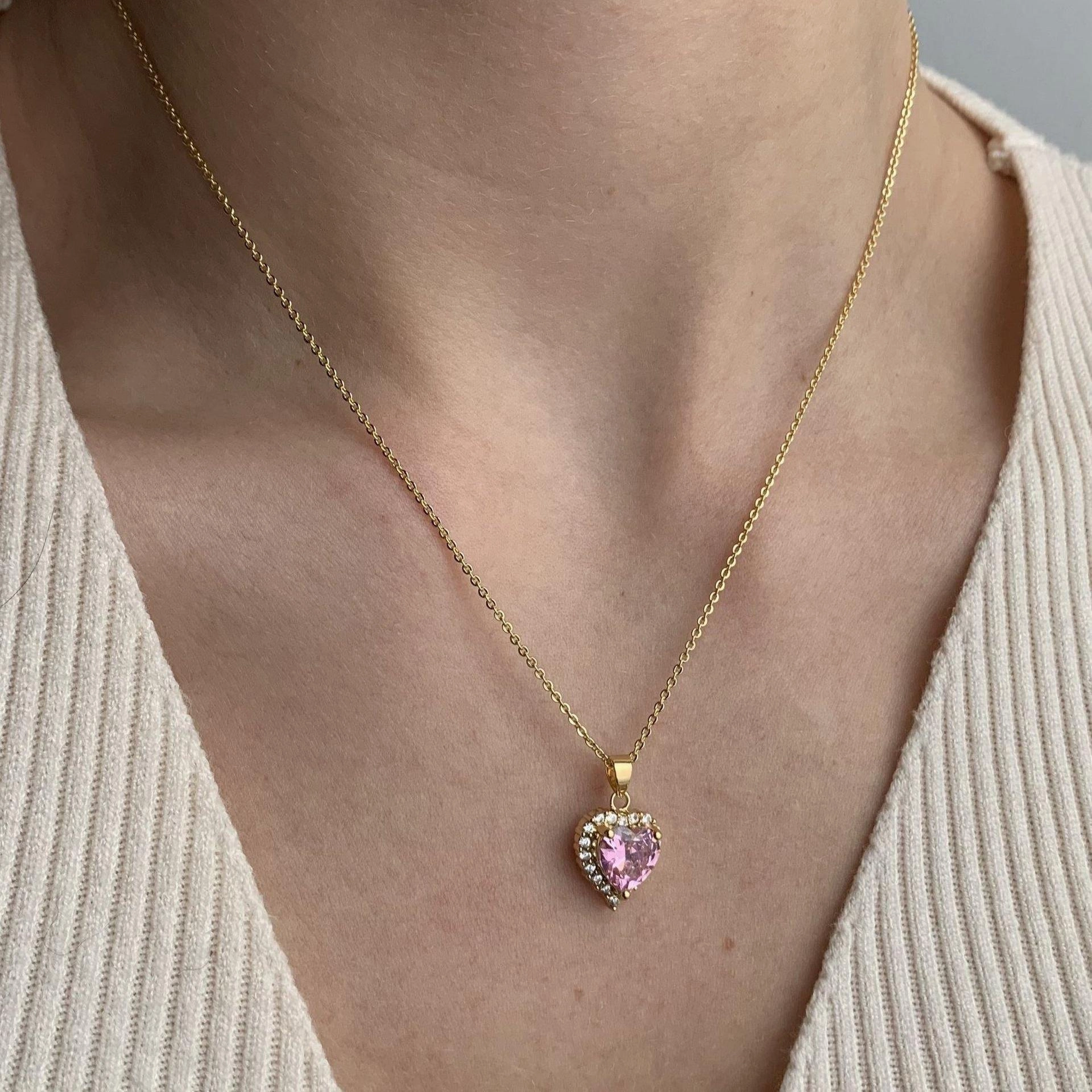 Wholesale Diamond Heart Pendant Copper Plated Real Gold Zircon Necklaces