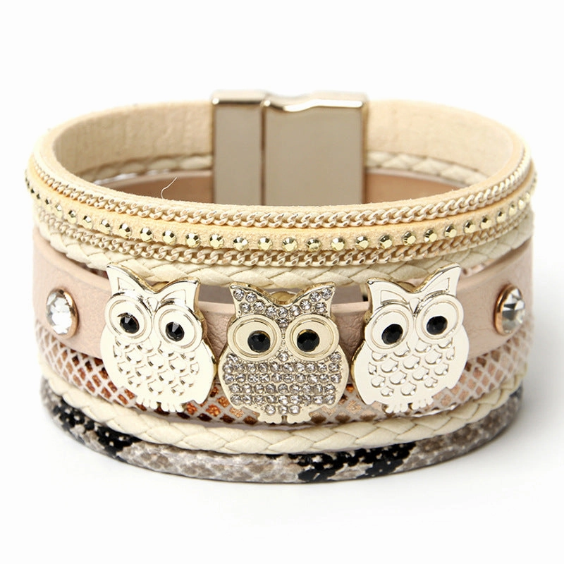 Wholesale Diamond Magnetic Buckle Creative Owl Decorated Bohemian Leather Bracelet