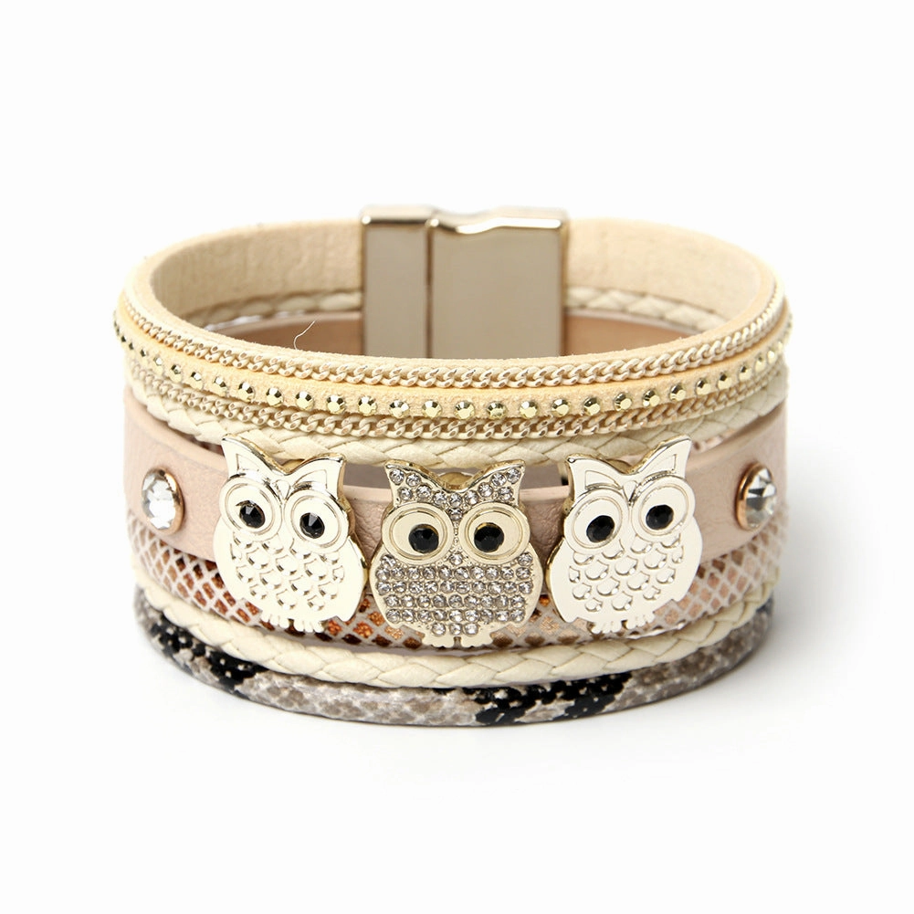 Wholesale Diamond Magnetic Buckle Creative Owl Decorated Bohemian Leather Bracelet