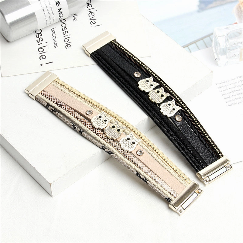 Wholesale Diamond Magnetic Buckle Creative Owl Decorated Bohemian Leather Bracelet