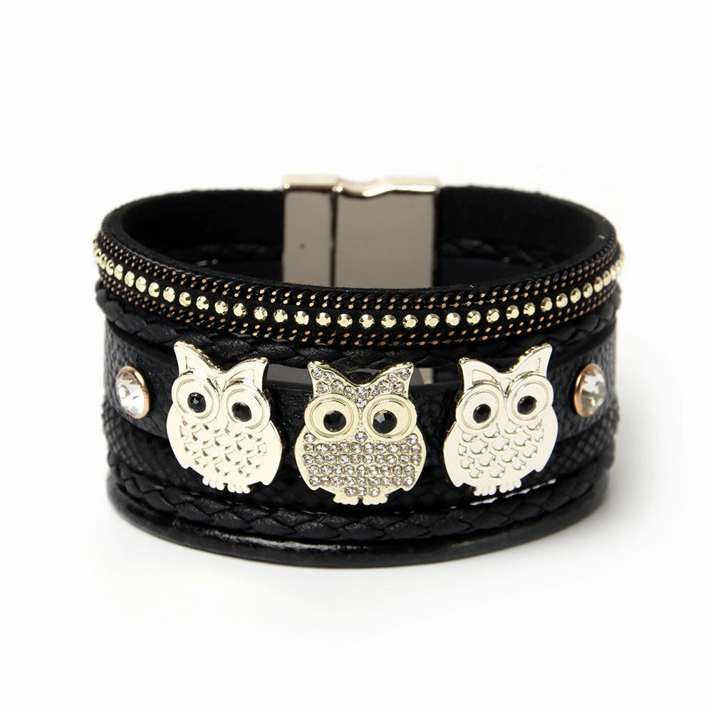 Wholesale Diamond Magnetic Buckle Creative Owl Decorated Bohemian Leather Bracelet