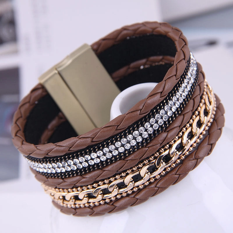 Wholesale Diamond Studded Leather Magnet Alloy Bracelet