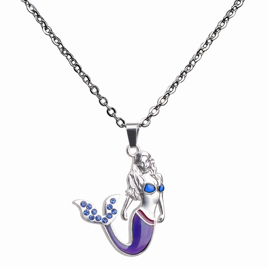 Wholesale Diamond Studded Mermaid Thermochromic Stainless Steel Necklaces