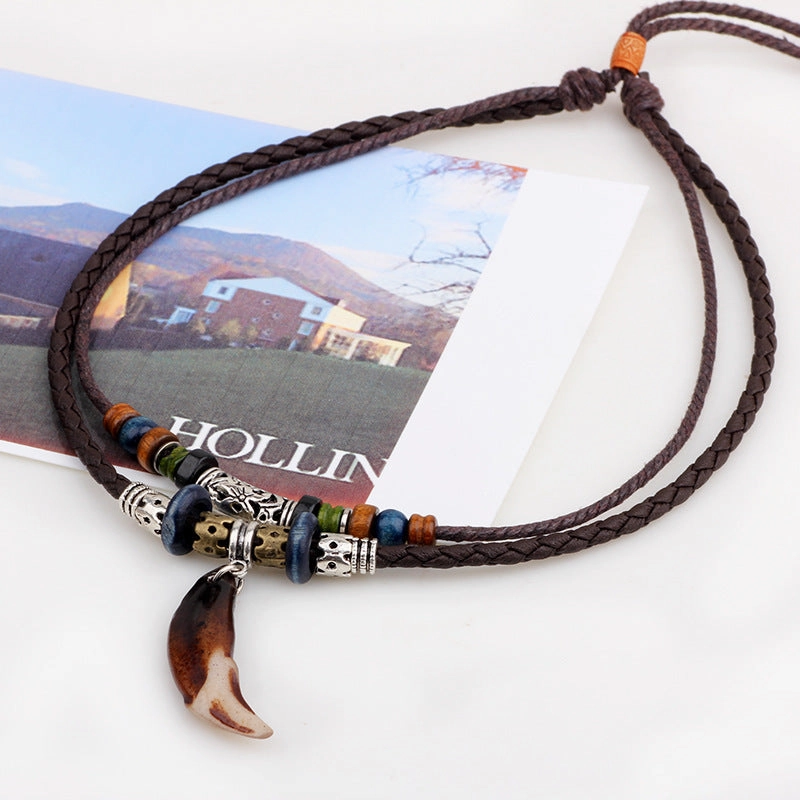 Wholesale Dog Teeth PU Leather Cord Alloy Necklaces