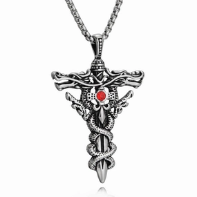 Wholesale Double Dragon Sword Titanium Steel Retro Punk Cross Necklace