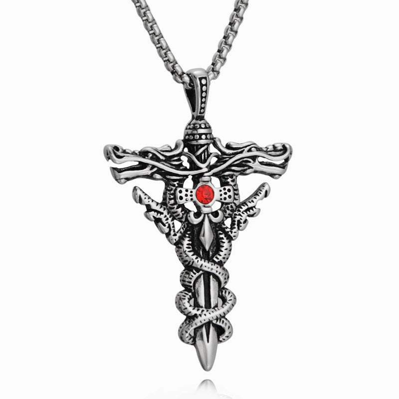 Wholesale Double Dragon Sword Titanium Steel Retro Punk Cross Necklace