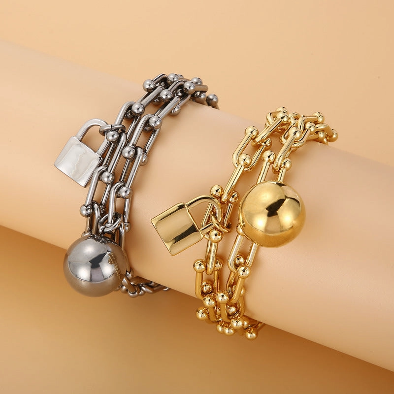 Wholesale Double Layer Horseshoe Ball Gold Plating Steel Bracelet