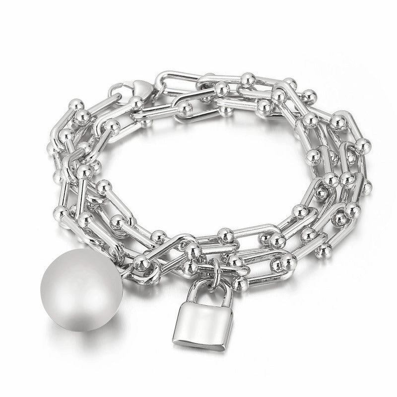 Wholesale Double Layer Horseshoe Ball Gold Plating Steel Bracelet