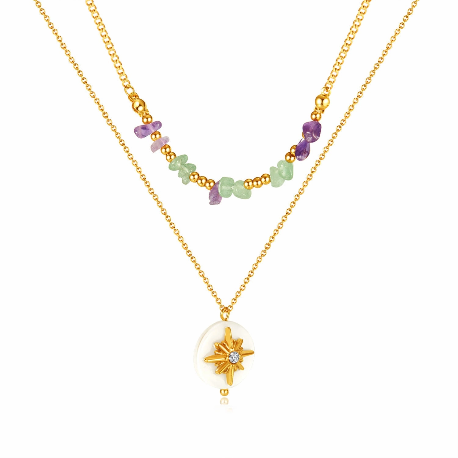 Wholesale Double Layer Natural Stone Mother-of-pearl Eight-pointed Star Stainless Steel Necklace
