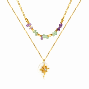 Wholesale Double Layer Natural Stone Mother-of-pearl Eight-pointed Star Stainless Steel Necklace