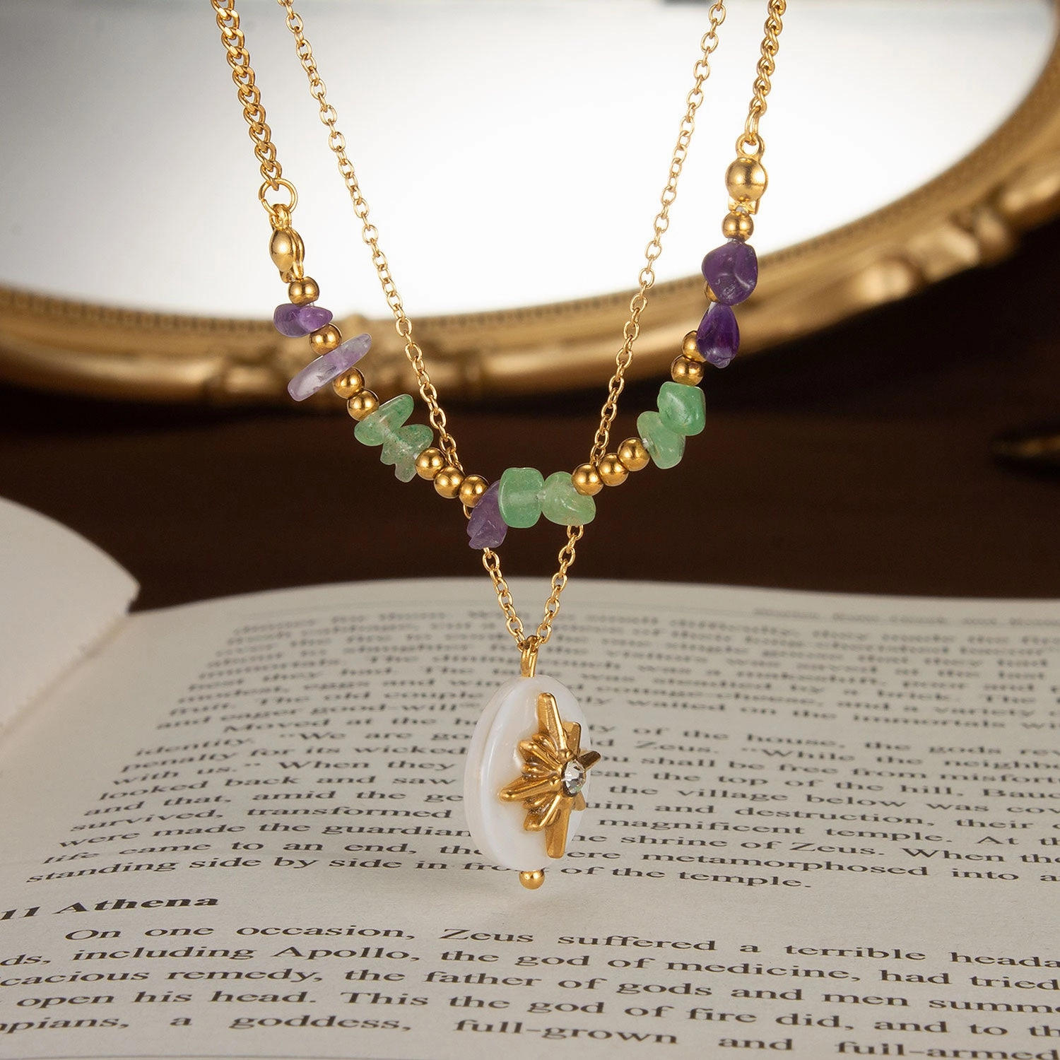 Wholesale Double Layer Natural Stone Mother-of-pearl Eight-pointed Star Stainless Steel Necklace