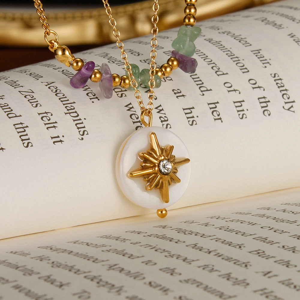 Wholesale Double Layer Natural Stone Mother-of-pearl Eight-pointed Star Stainless Steel Necklace