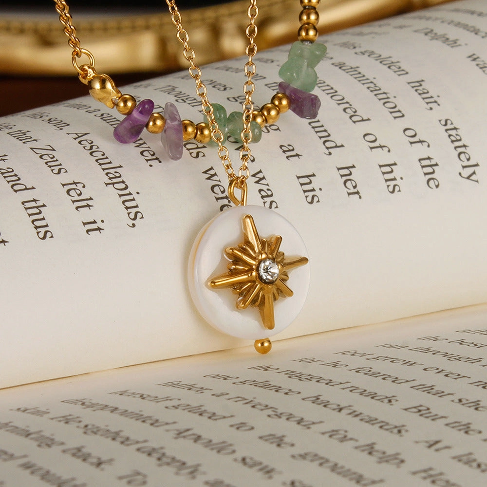 Wholesale Double Layer Natural Stone Mother-of-pearl Eight-pointed Star Stainless Steel Necklace