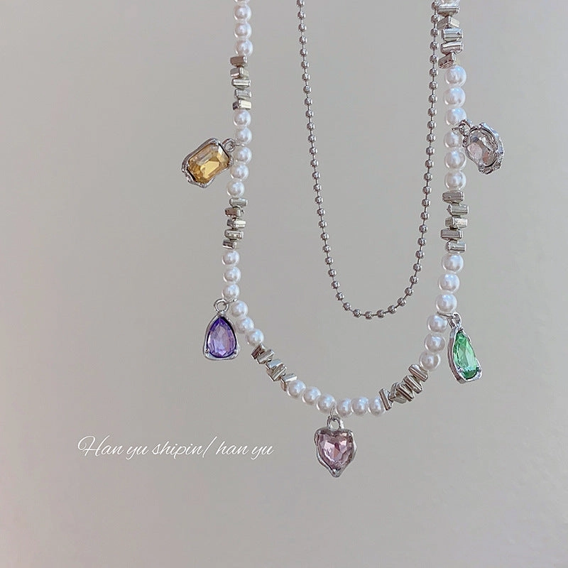 Wholesale Double Layer Pearl Heart Color Crystal Necklaces