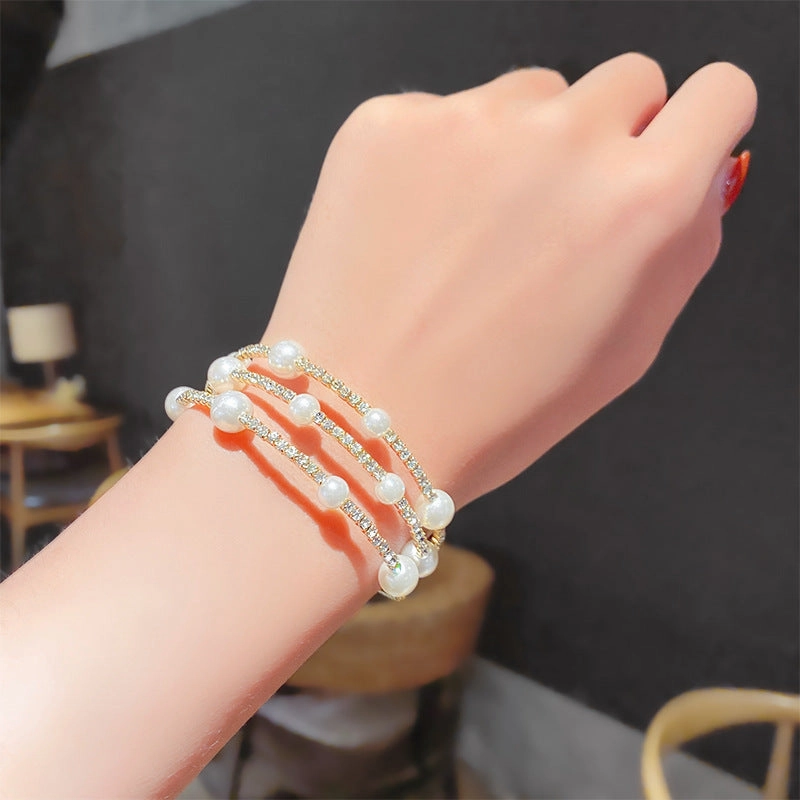 Wholesale Double Layer Pearl Rhinestone Bracelet