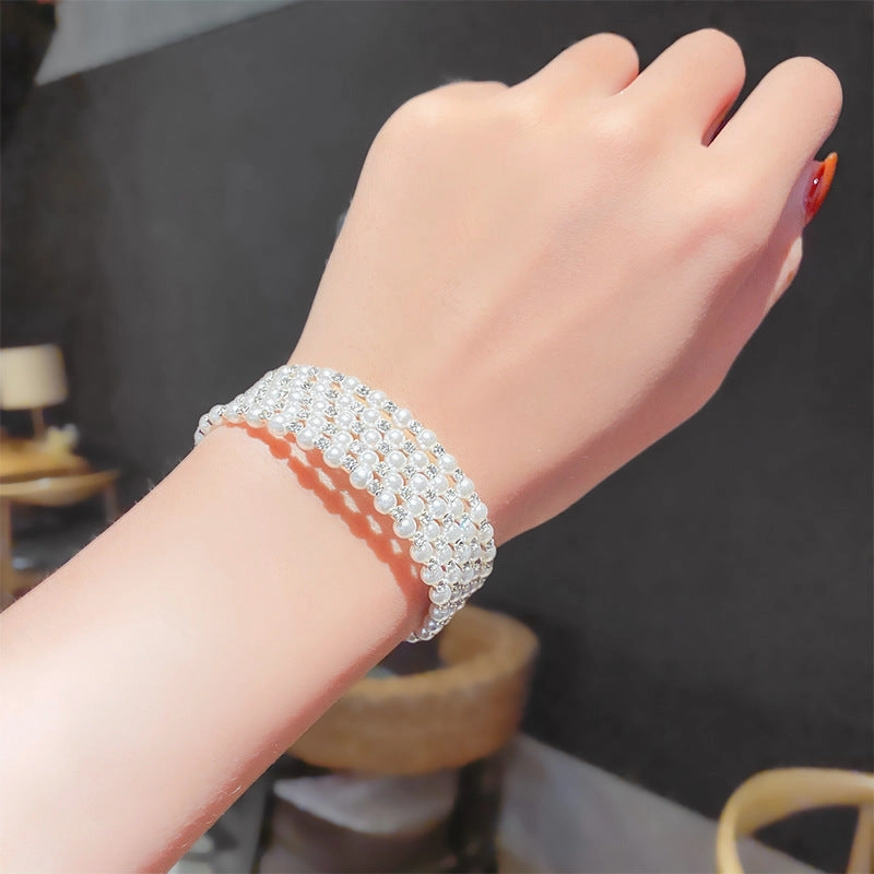 Wholesale Double Layer Pearl Rhinestone Bracelet