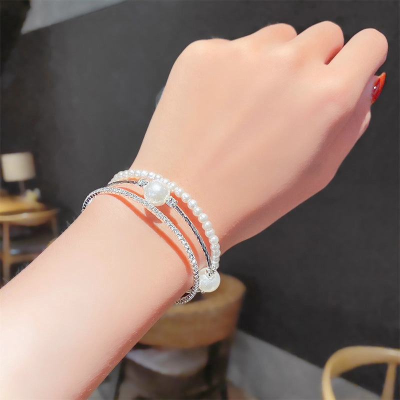 Wholesale Double Layer Pearl Rhinestone Bracelet