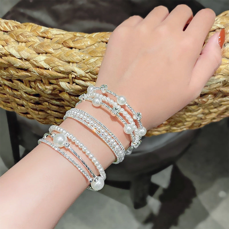 Wholesale Double-layer Pearl Rhinestone Bracelets
