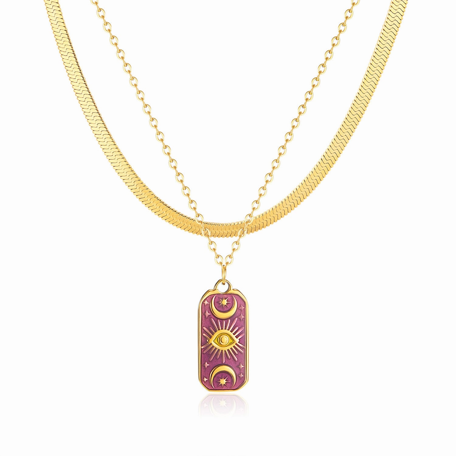 Wholesale Double Layer Titanium Steel Purple Star and Moon Stainless Steel Devil Eye Necklace
