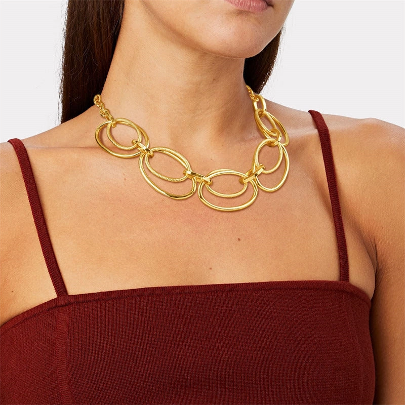 Wholesale Double Oval Ring Metal Frosted Geometric Thick Chain Necklaces