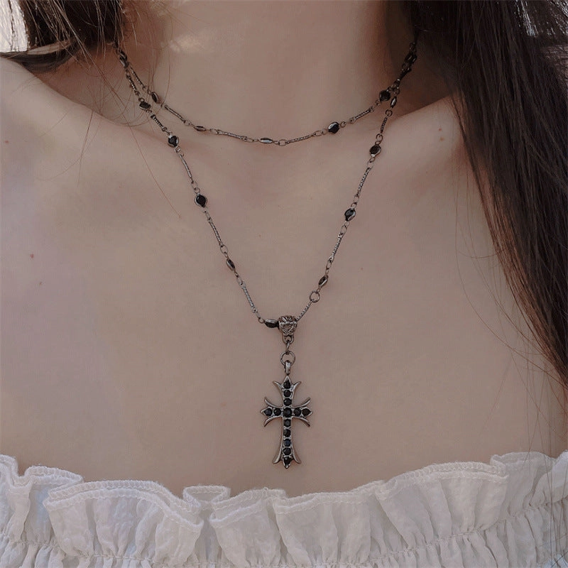 Wholesale Double Stacked Beaded Cross Pendant Alloy Necklaces
