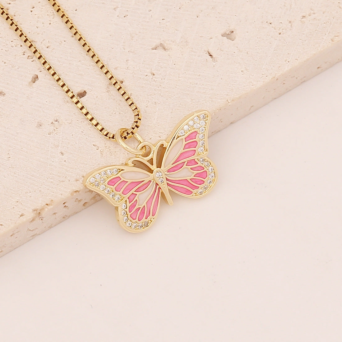 Wholesale Drip Oil Butterfly Copper Micropaved Zircon Pendant Stainless Steel Necklaces