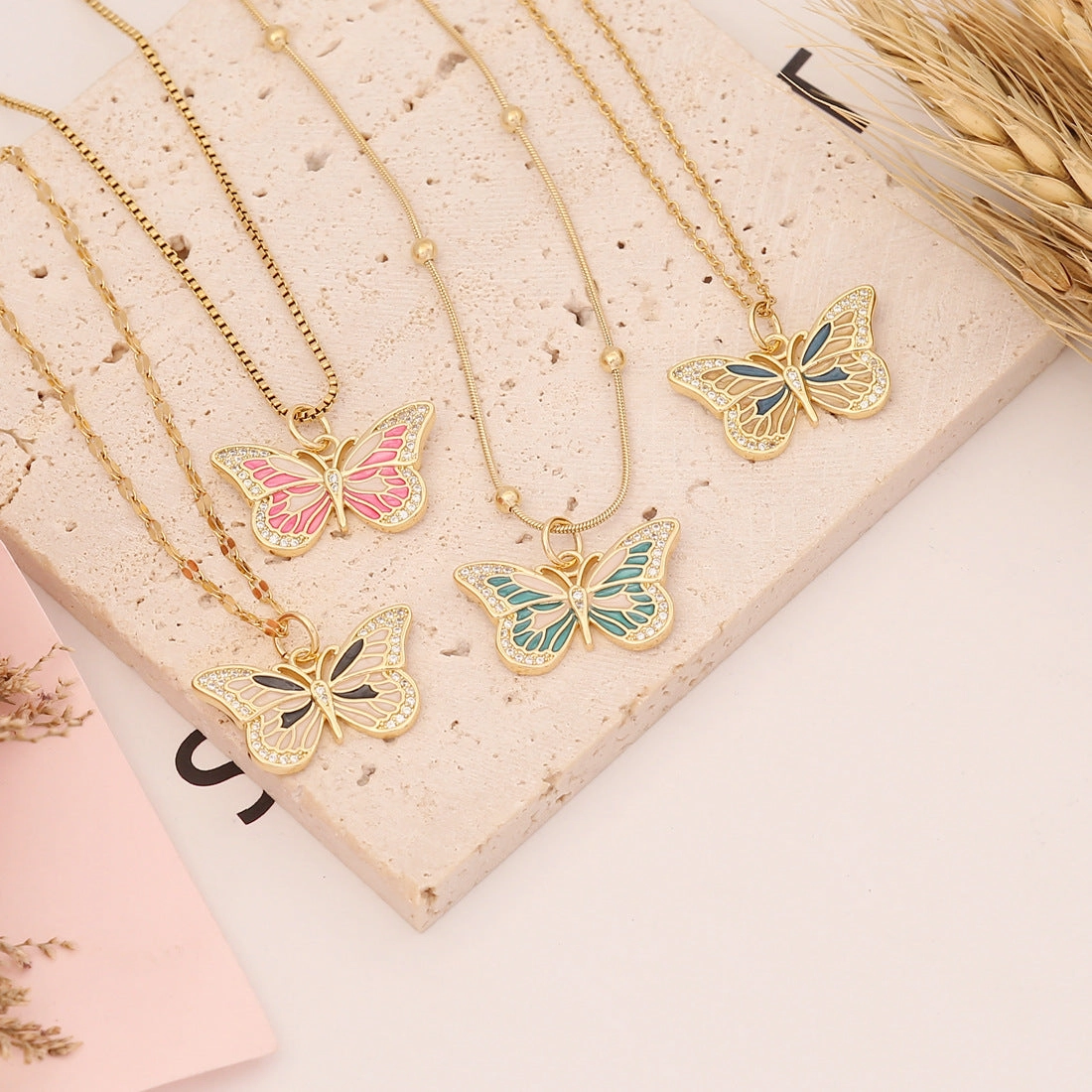 Wholesale Drip Oil Butterfly Copper Micropaved Zircon Pendant Stainless Steel Necklaces