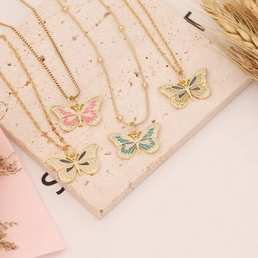 Wholesale Drip Oil Butterfly Copper Micropaved Zircon Pendant Stainless Steel Necklaces