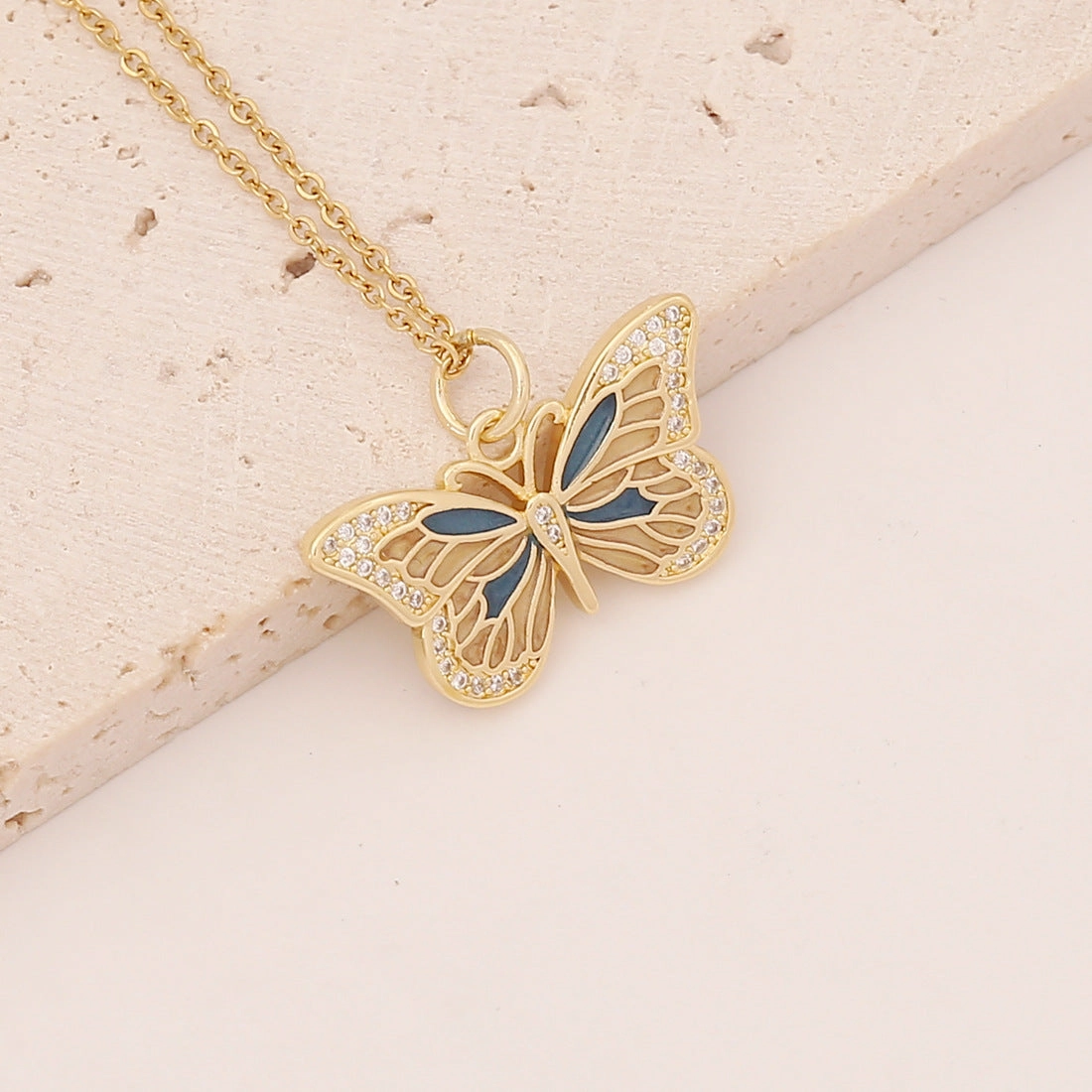 Wholesale Drip Oil Butterfly Copper Micropaved Zircon Pendant Stainless Steel Necklaces