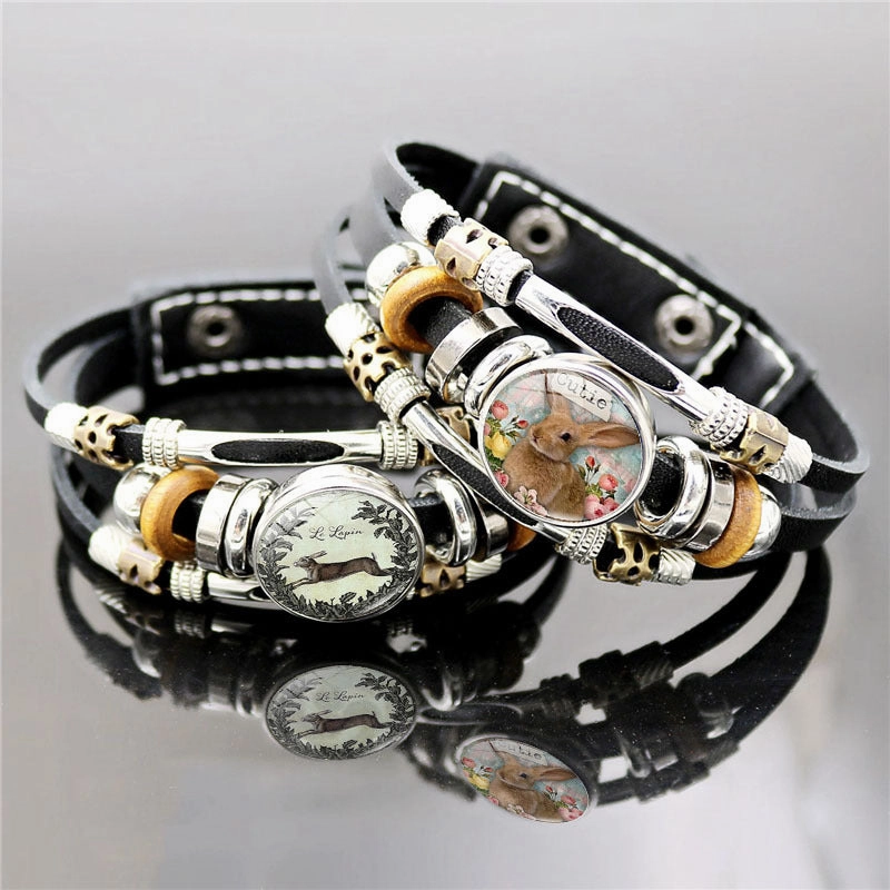 Wholesale Easter Rabbit Button Woven Beaded Leather Bracelet