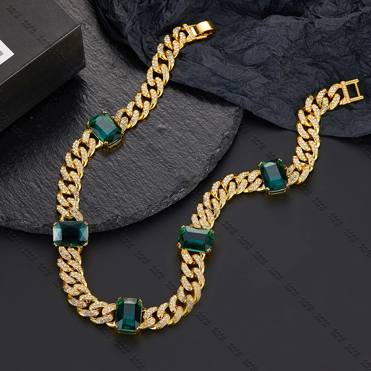 Wholesale Emerald Alloy Rhinestone Cuban Necklaces