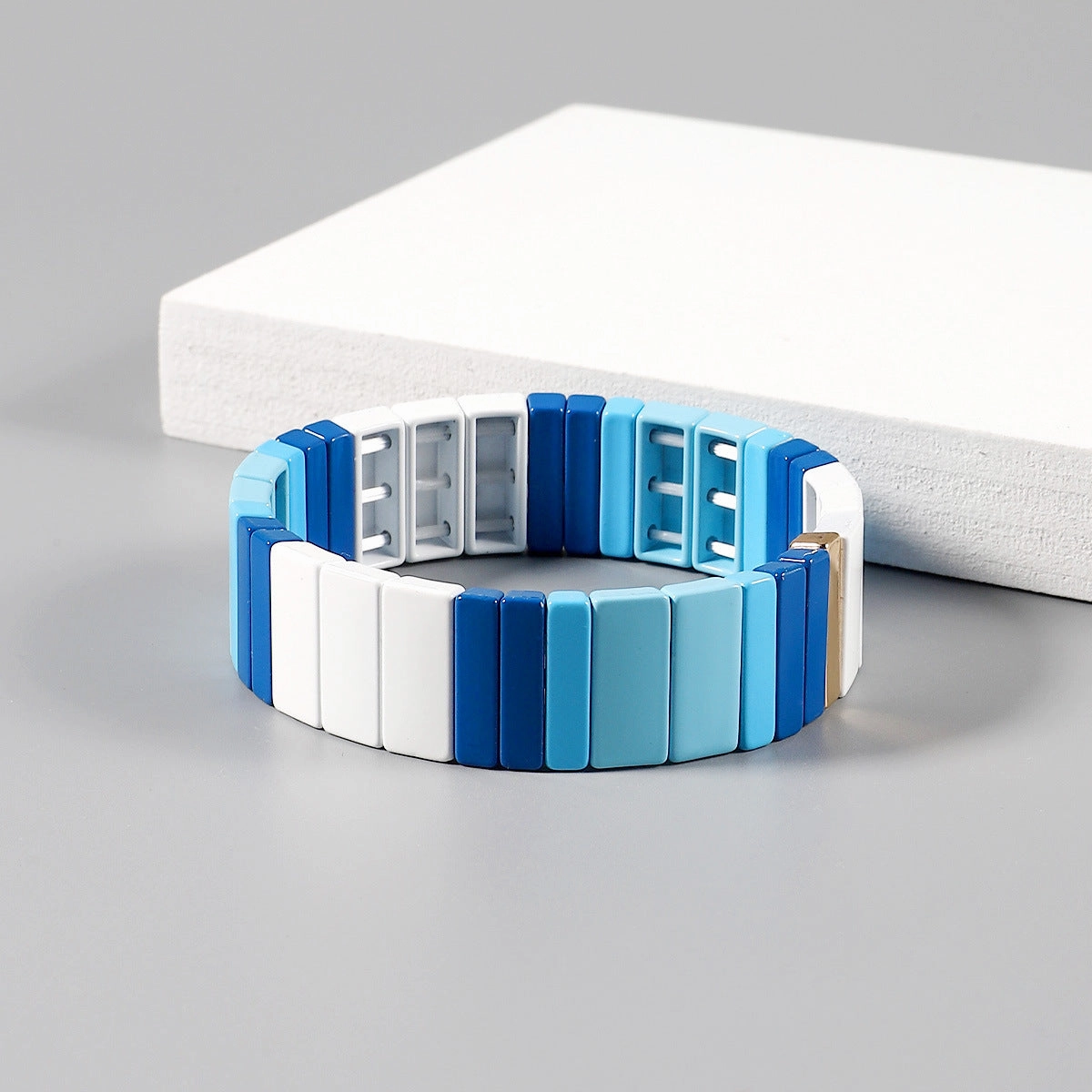 Wholesale Enamel Geometric Irregular Matte Blue and White Contrast Multi-layer Elastic Bracelet