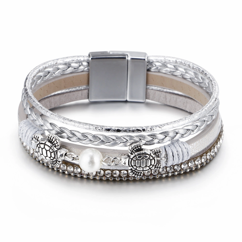 Wholesale Ethnic Style Pearl Turtle Magnetic Buckle Multi-layer PU Leather Woven Bracelet