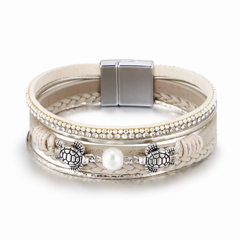 Wholesale Ethnic Style Pearl Turtle Magnetic Buckle Multi-layer PU Leather Woven Bracelet