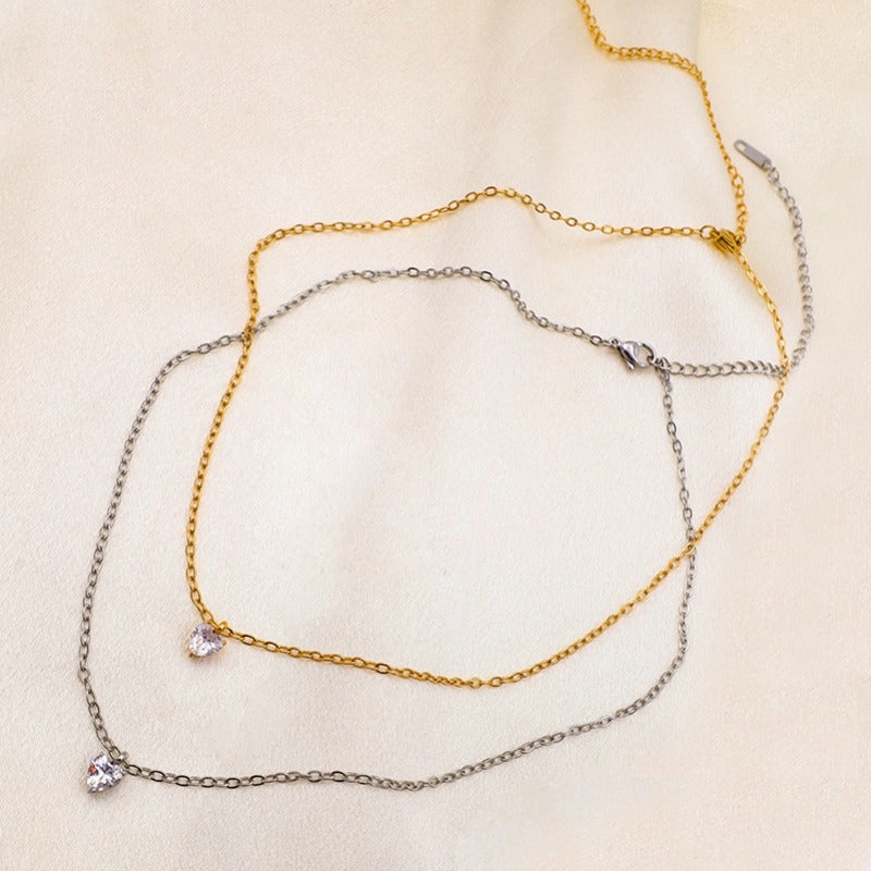 Wholesale European and American Fashion, Simple and High-end, Niche Stainless Steel Heart Shaped Zircon Inlaid Necklaces