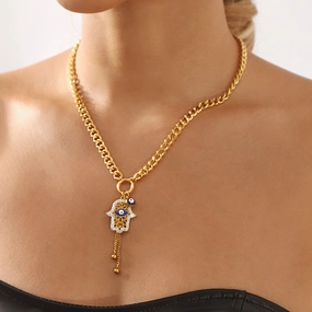 Wholesale Evil Eye Palm Moon Tassel Rhinestone Titanium Steel Necklace
