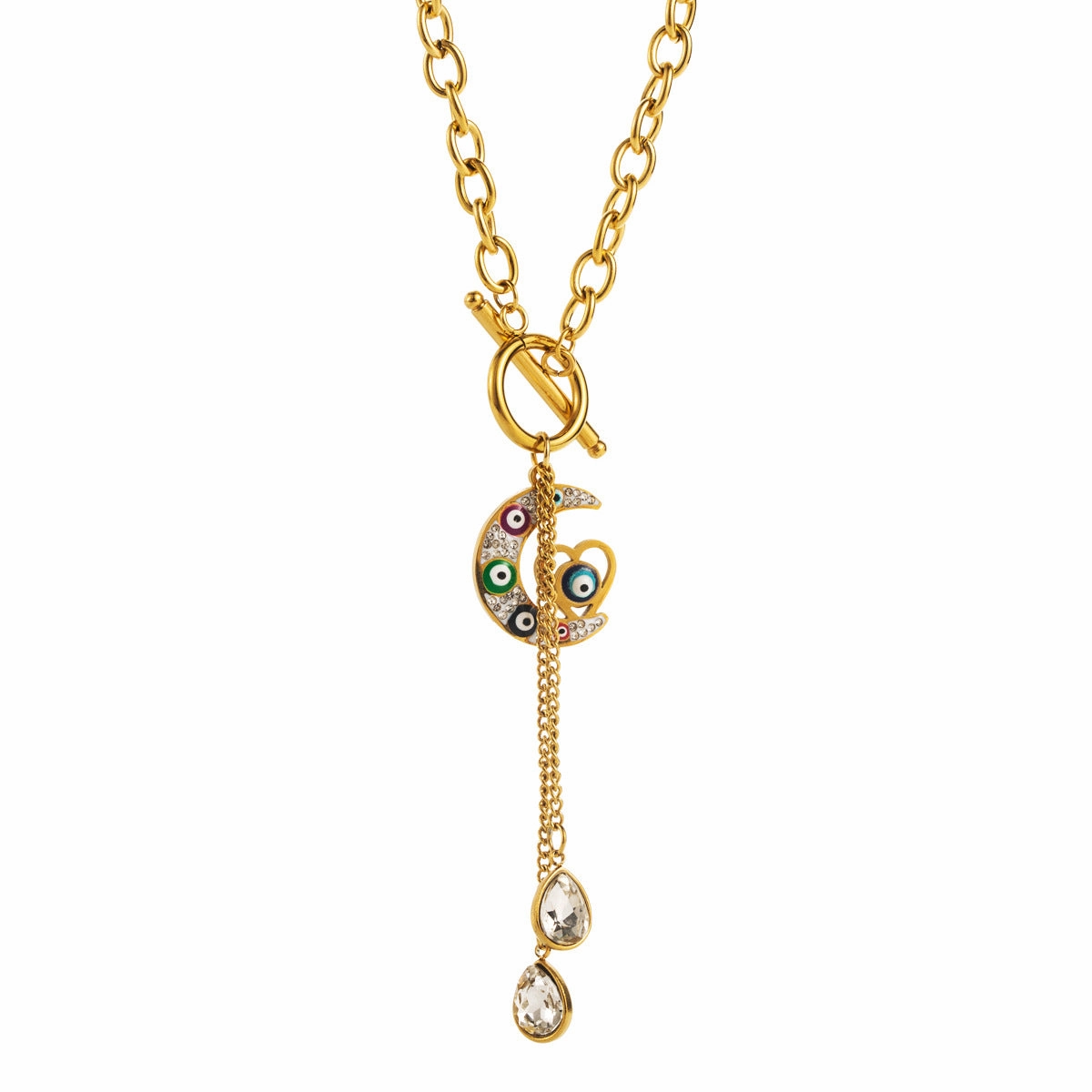 Wholesale Evil Eye Palm Moon Tassel Rhinestone Titanium Steel Necklace